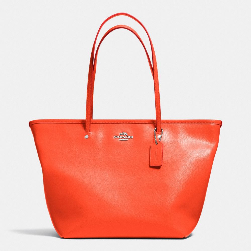 COACH F34103 STREET ZIP TOTE IN LEATHER SILVER/CORAL