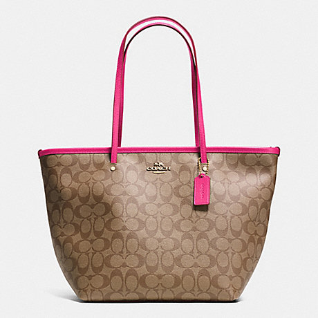 COACH F34104 ZIP STREET TOTE IN SIGNATURE CANVAS -LIGHT-GOLD/KHAKI/PINK-RUBY