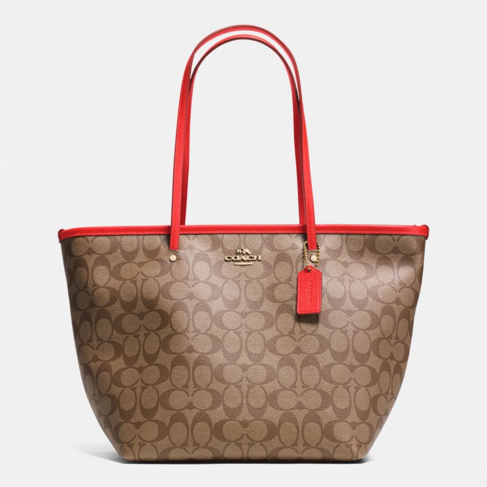 SIGNATURE STREET ZIP TOTE - f34104 - LIGHT GOLD/KHAKI/CORAL