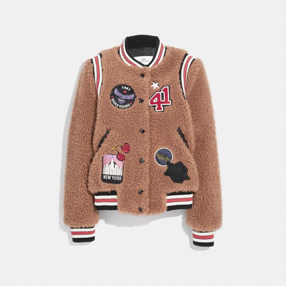 COACH FAUX FUR VARSITY JACKET - BROWN - F34120