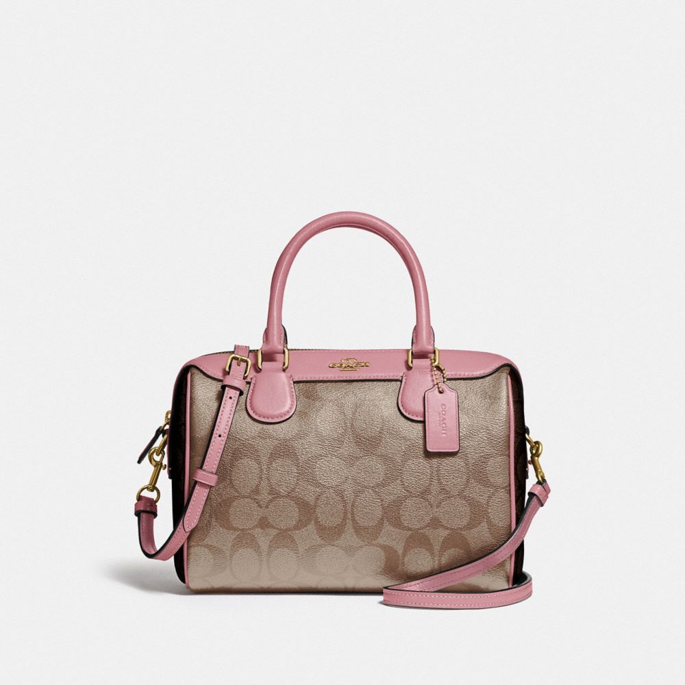 MINI BENNETT SATCHEL IN BLOCKED SIGNATURE CANVAS - F34279 - IM/KHAKI PINK PETAL