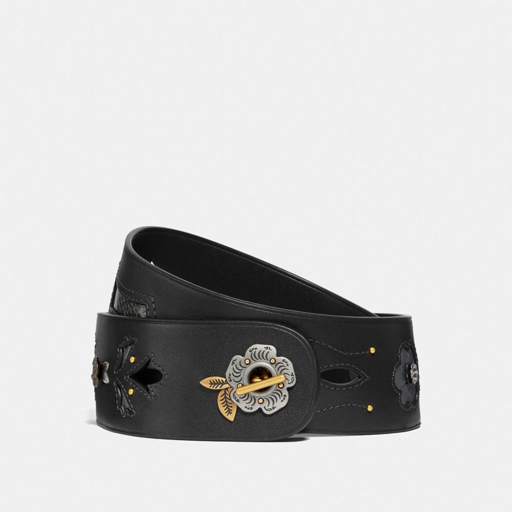 CHAIN BELT WITH TEA ROSE AND SNAKESKIN DETAIL, 52MM - BLACK - COACH F34297