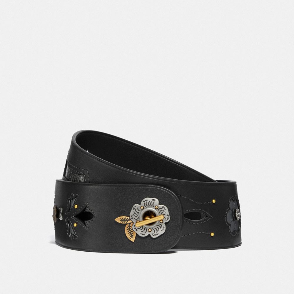 COACH F34297 CHAIN BELT WITH TEA ROSE AND SNAKESKIN DETAIL, 52MM BLACK