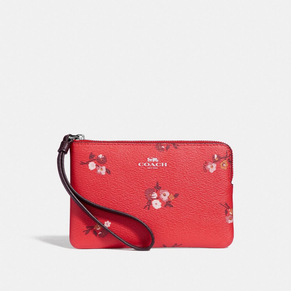 COACH f34316 CORNER ZIP WRISTLET WITH BABY BOUQUET PRINT BRIGHT RED MULTI /SILVER