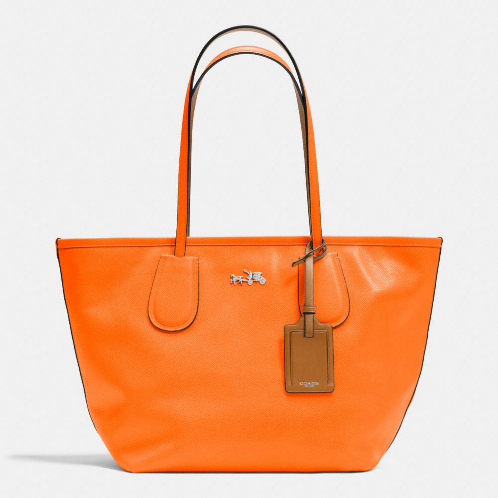 COACH f34406 C.O.A.C.H. TAXI ZIP TOP TOTE IN CROSSGRAIN LEATHER SILVER/NEON ORANGE