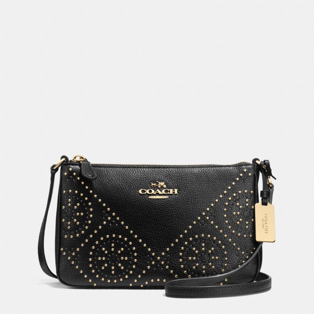 COACH F34426 MINI STUDS ZIP TOP CROSSBODY IN PEBBLE LEATHER LIGHT-GOLD/BLACK