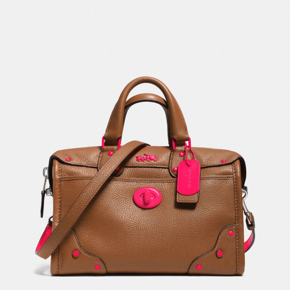 C.O.A.C.H. RHYDER 24 SATCHEL IN CALF LEATHER - NE/SADDLE NEON PINK - COACH F34556