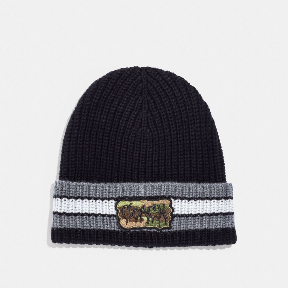 VARSITY STRIPE KNIT BEANIE WITH PATCH - COACH F34578 -  BLACK/GRAPHITE