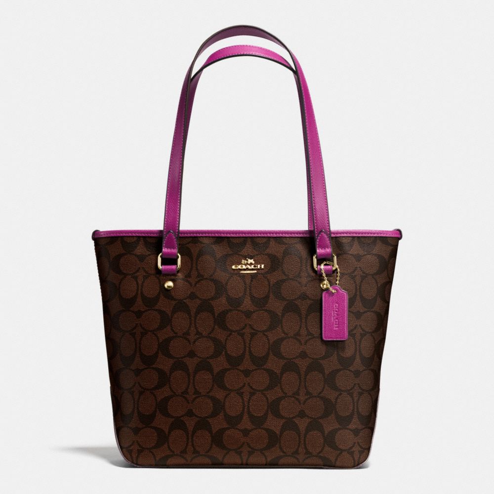 COACH F34603 Zip Top Tote In Signature IMITATION GOLD/BROWN/FUCHSIA