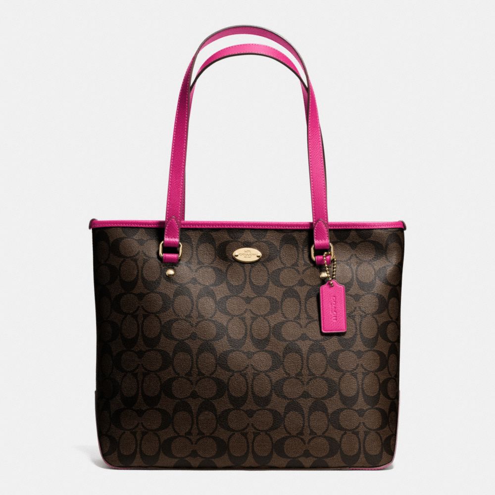 ZIP TOP TOTE IN SIGNATURE - f34603 - LIGHT GOLD/BROWN/CRANBERRY F34603