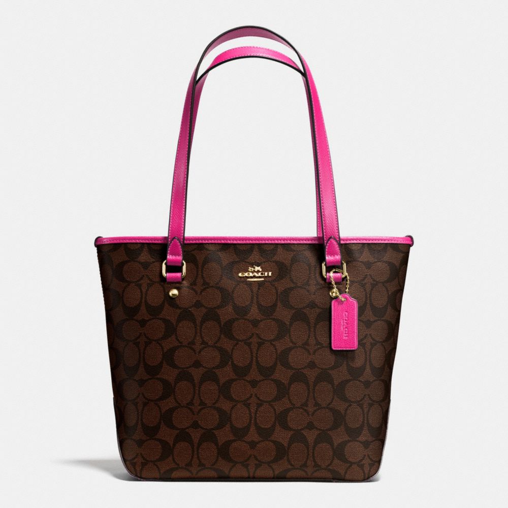 COACH F34603 - ZIP TOP TOTE IN SIGNATURE CANVAS - IMITATION GOLD/BROWN/PINK RUBY | COACH HANDBAGS