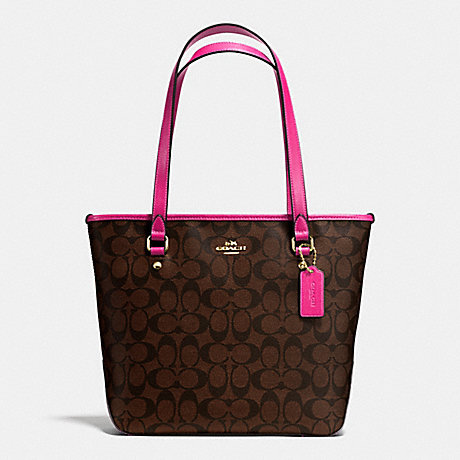 COACH ZIP TOP TOTE IN SIGNATURE CANVAS - IMITATION GOLD/BROWN/PINK RUBY - f34603