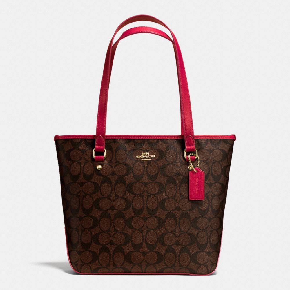 ZIP TOP TOTE IN SIGNATURE - f34603 - IMITATION GOLD/BROW TRUE RED