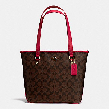 COACH F34603 ZIP TOP TOTE IN SIGNATURE IMITATION-GOLD/BROW-TRUE-RED