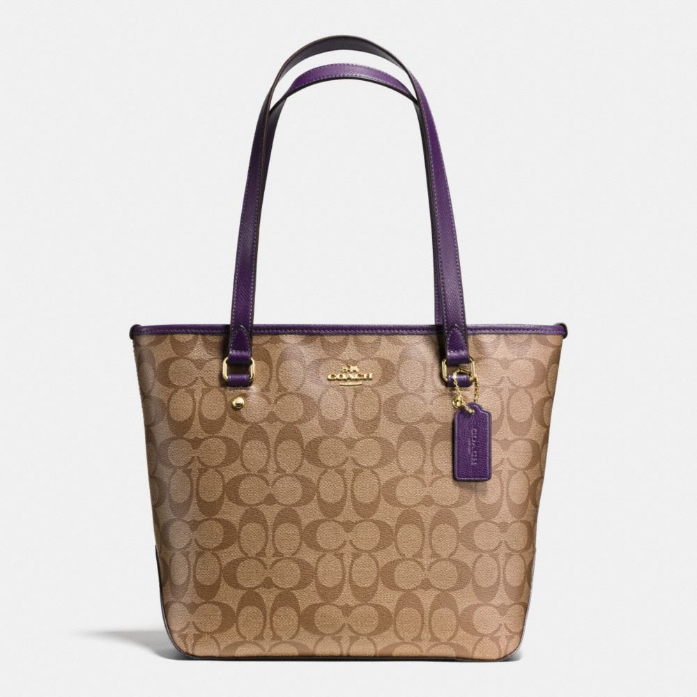 ZIP TOP TOTE IN SIGNATURE - f34603 - IMITATION GOLD/KHAKI AUBERGINE