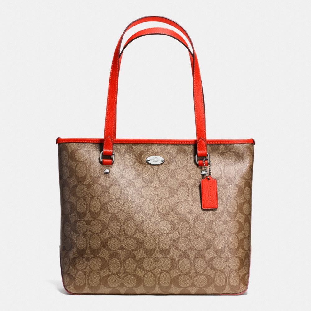 COACH f34603 ZIP TOP TOTE IN SIGNATURE SILVER/KHAKI/ORANGE