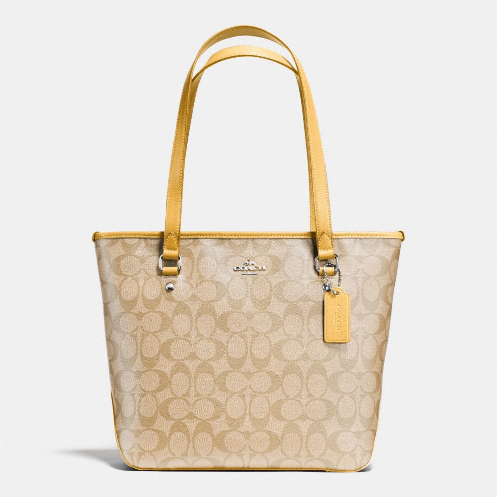 ZIP TOP TOTE IN SIGNATURE - f34603 - SILVER/LIGHT KHAKI/CANARY