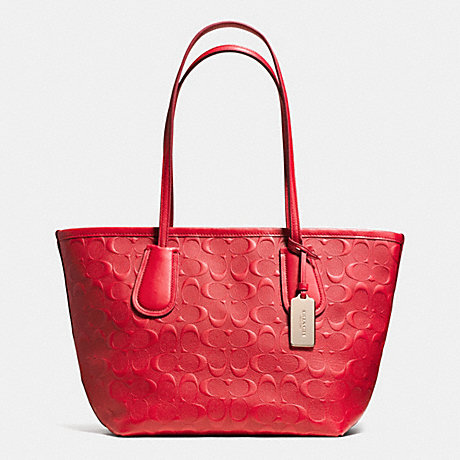 COACH F34622 COACH TAXI ZIP TOP TOTE 24 IN LOGO EMBOSSED LEATHER -LIGHT-GOLD/RED