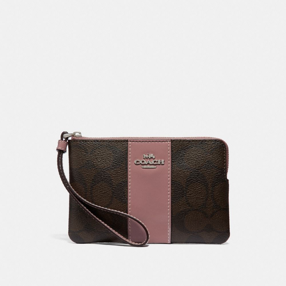 CORNER ZIP WRISTLET IN SIGNATURE CANVAS - f34650 - brown/dusty rose/silver