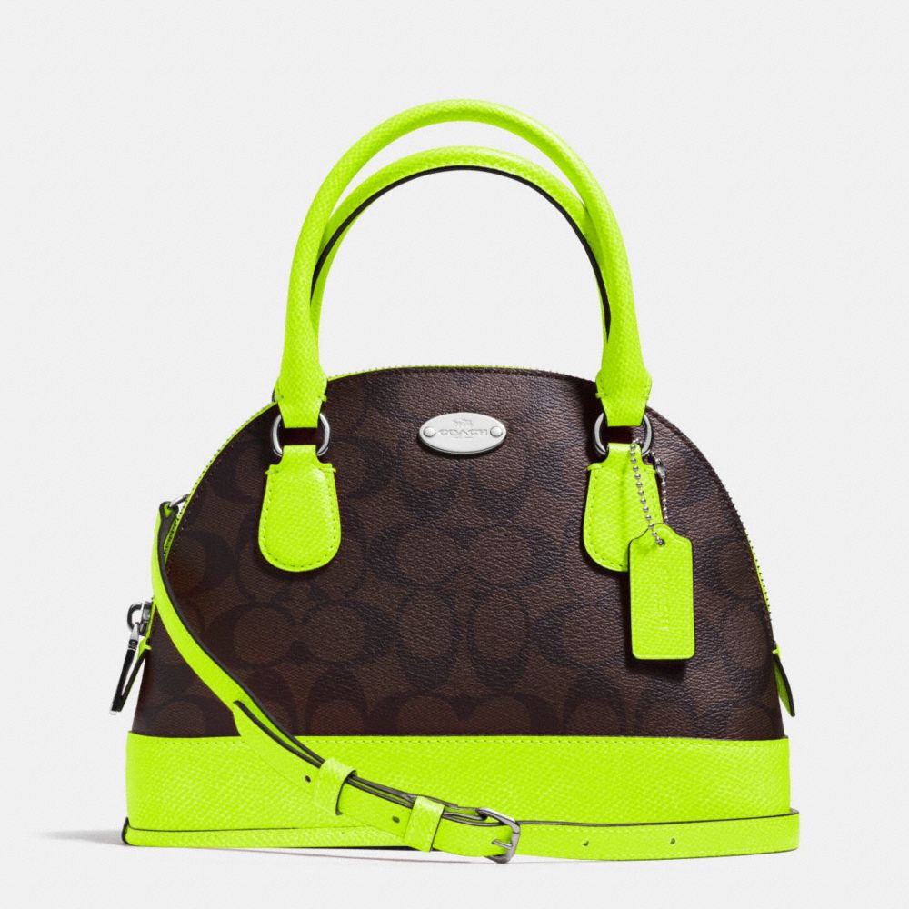 COACH F34710 Mini Cora Domed Satchel In Signature Coated Canvas SILVER/BROWN/NEON YELLOW
