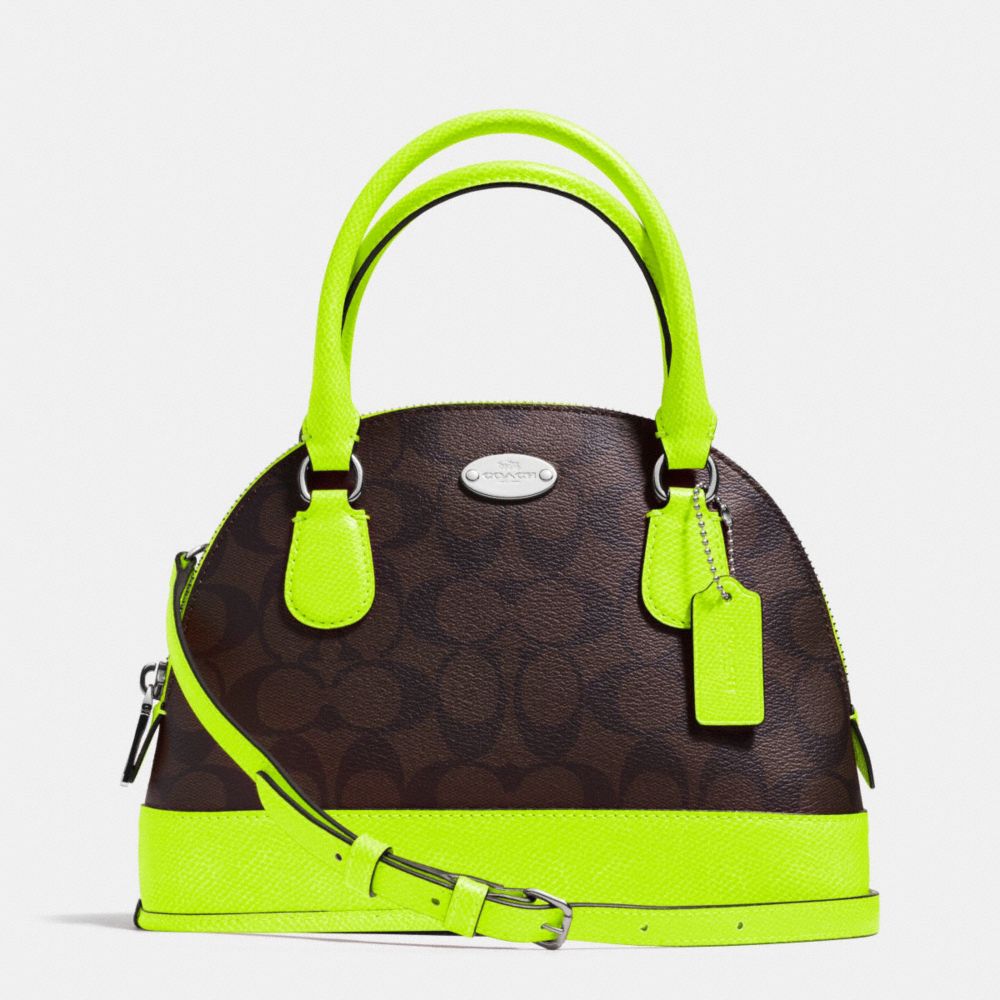 COACH f34710 MINI CORA DOMED SATCHEL IN SIGNATURE COATED CANVAS SILVER/BROWN/NEON YELLOW