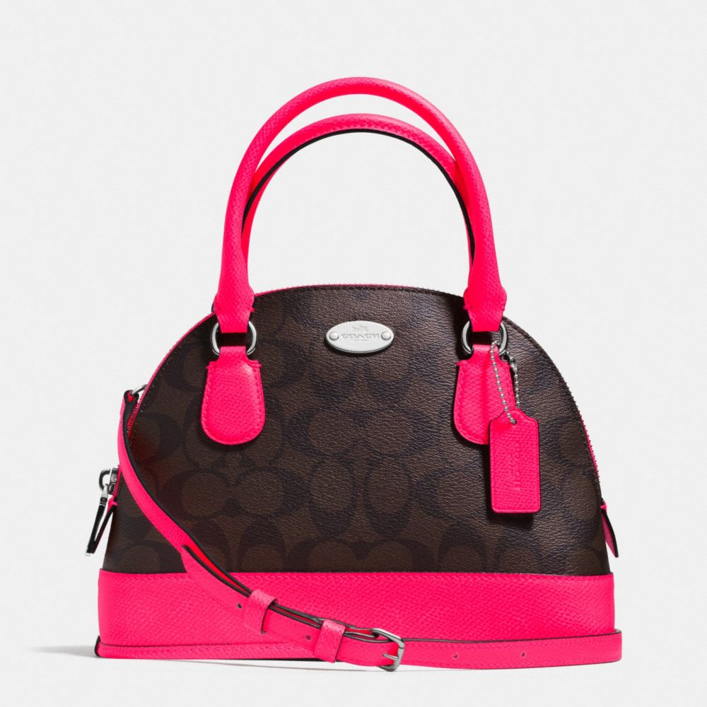 COACH F34710 Mini Cora Domed Satchel In Signature Coated Canvas SILVER/BROWN/NEON PINK