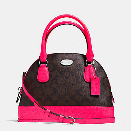 COACH F34710 MINI CORA DOMED SATCHEL IN SIGNATURE COATED CANVAS SILVER/BROWN/NEON-PINK