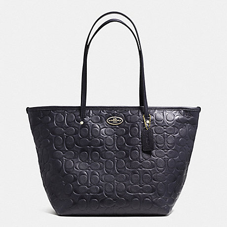 COACH f34712 SIGNATURE EMBOSSED PEBBLE LEATHER STREET ZIP TOTE LIGHT GOLD/MIDNIGHT