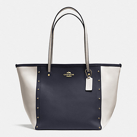 COACH F35162 STREET ZIP TOTE IN STUDDED BICOLOR CROSSGRAIN LEATHER -LIGHT-GOLD/MIDNIGHT/CHALK