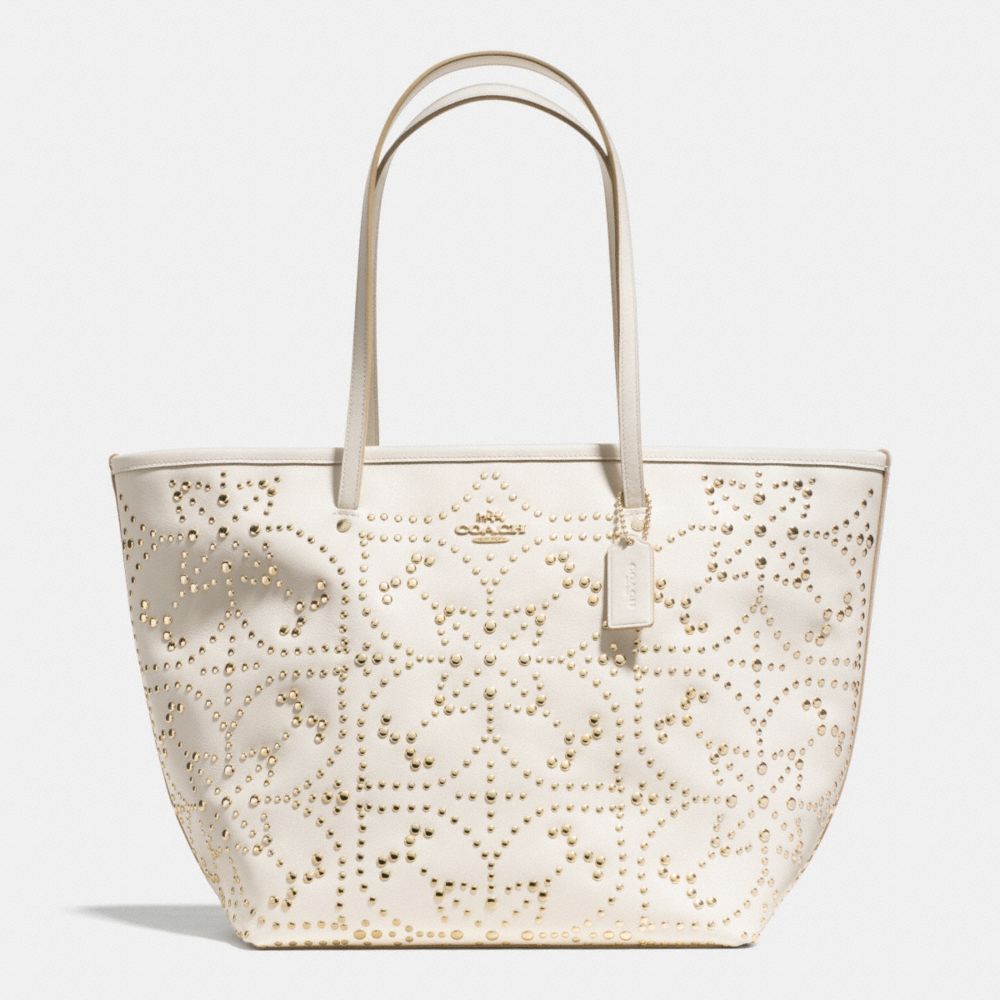 COACH F35163 Large Street Tote In Mini Studded Leather LIGHT GOLD/CHALK