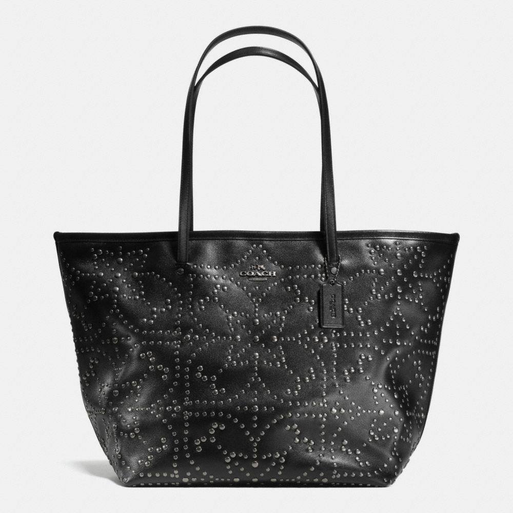 COACH LARGE STREET TOTE IN MINI STUDDED LEATHER - ANTIQUE NICKEL/BLACK - f35163