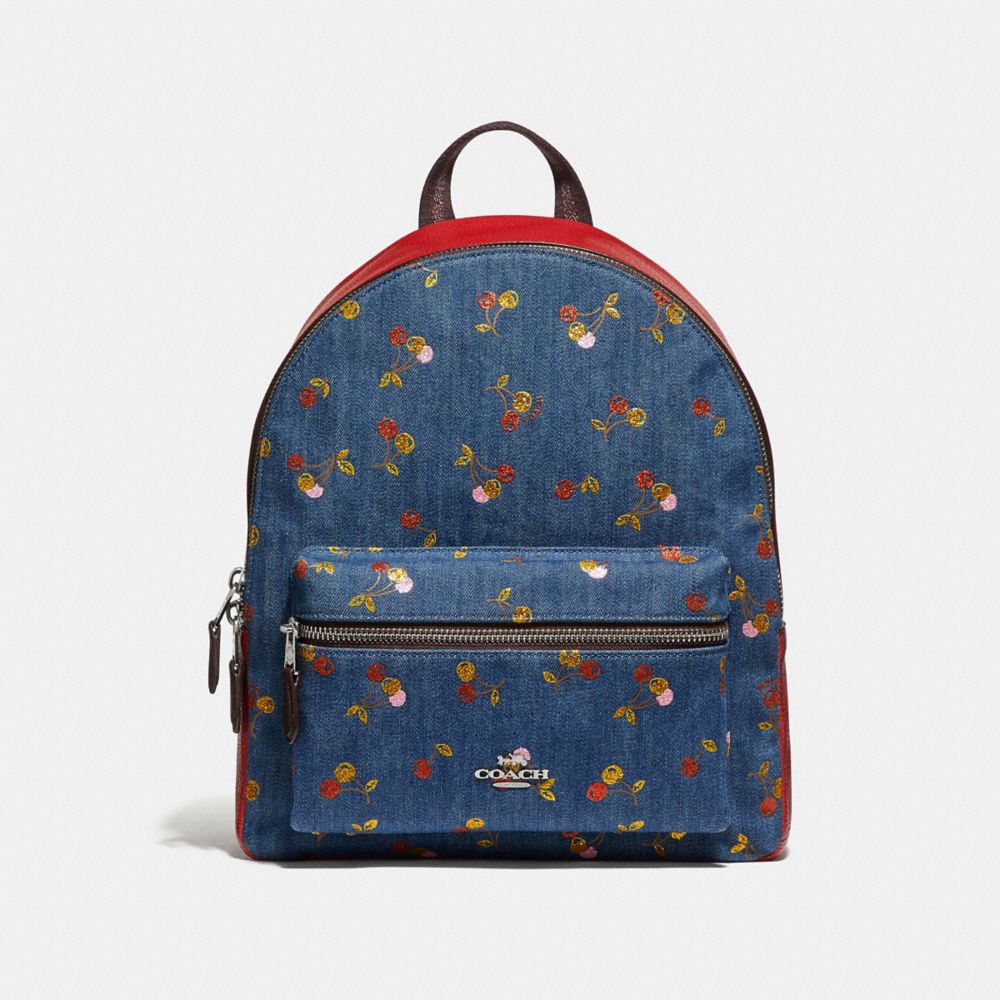 COACH F35425 Medium Charlie Backpack With Cherry Print DENIM/MULTI/SILVER