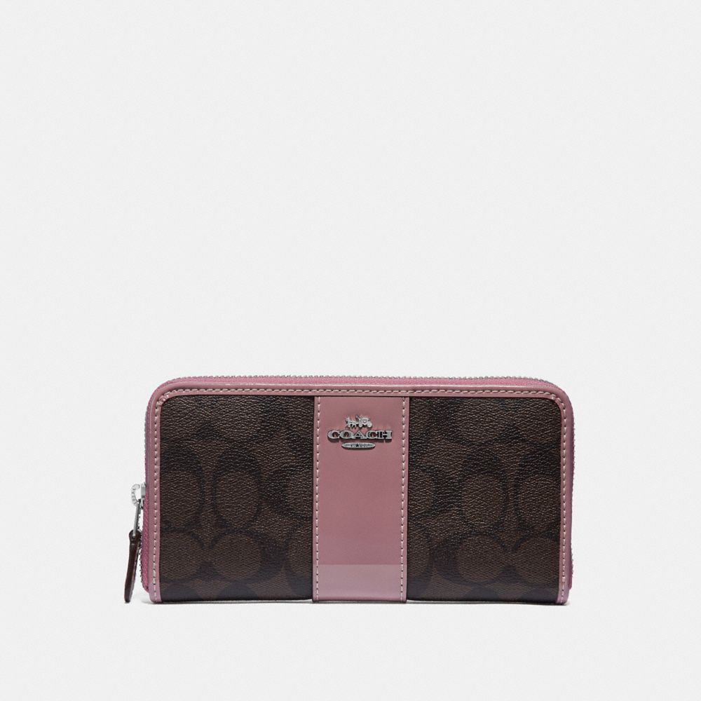 COACH ACCORDION ZIP WALLET IN SIGNATURE CANVAS - BROWN/DUSTY ROSE/SILVER - F35443