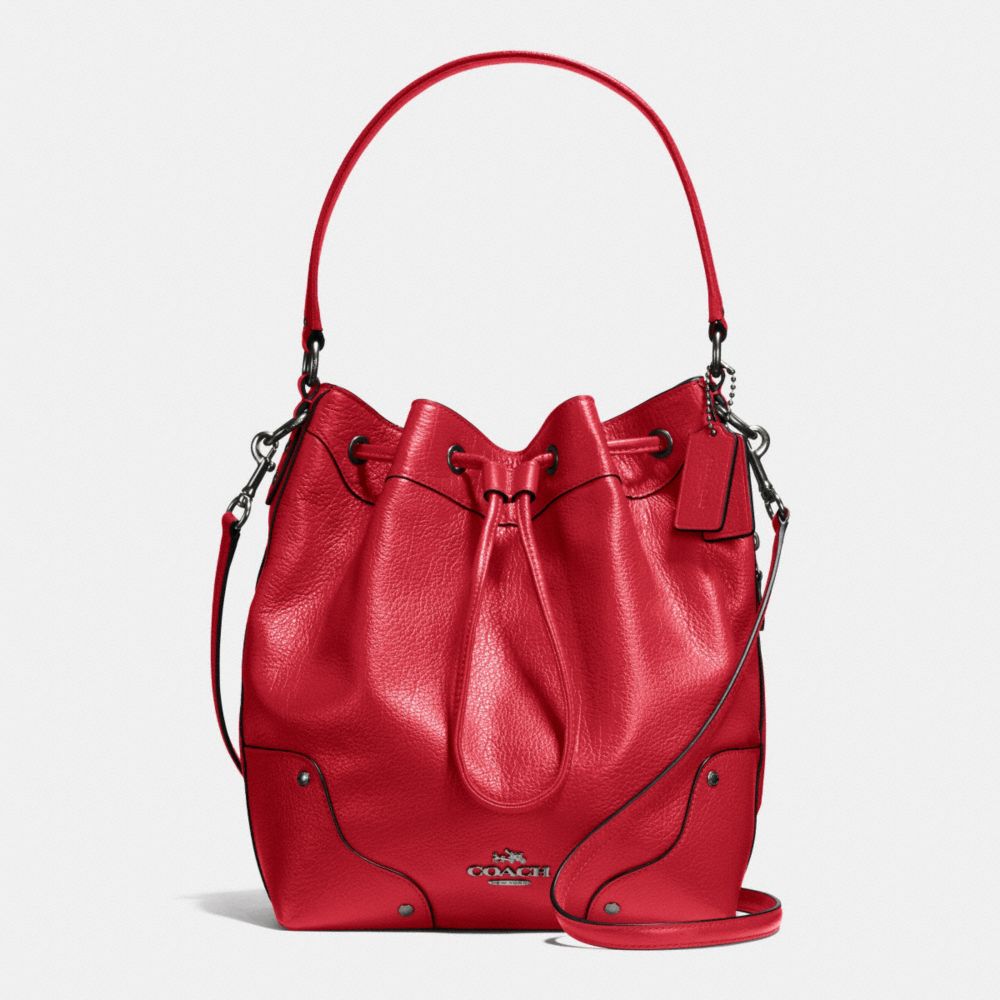 COACH f35684 MICKIE DRAWSTRING SHOULDER BAG IN GRAIN LEATHER BLACK ANTIQUE NICKEL/CLASSIC RED