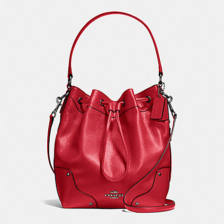 COACH f35684 MICKIE DRAWSTRING SHOULDER BAG IN GRAIN LEATHER BLACK ANTIQUE NICKEL/CLASSIC RED