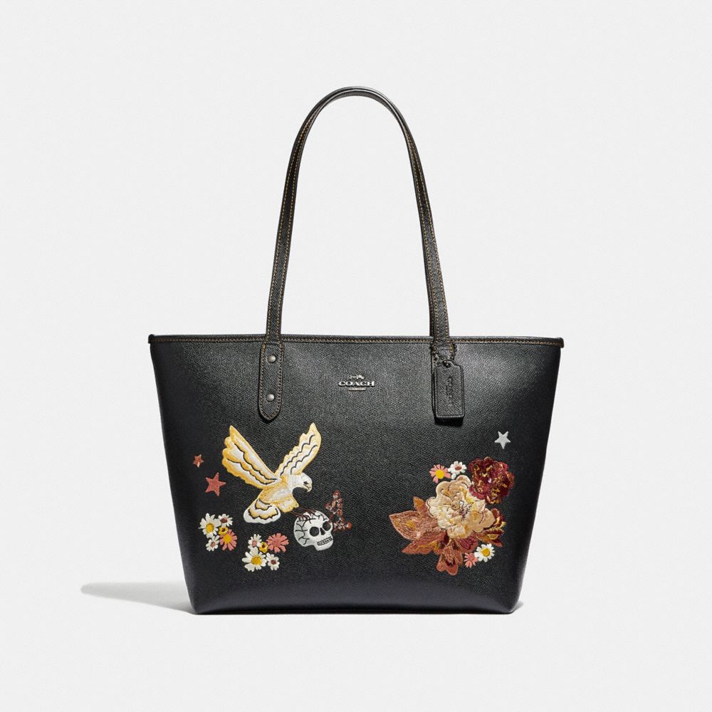 COACH F35865 CITY ZIP TOTE WITH TATTOO EMBROIDERY BLACK-MULTI/BLACK-ANTIQUE-NICKEL