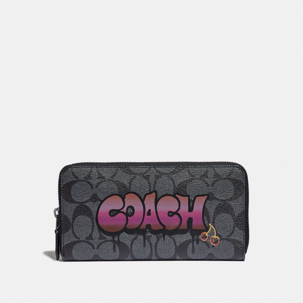 COACH F36079 - ACCORDION ZIP WALLET IN SIGNATURE CANVAS WITH GRAFFITI BLACK SMOKE MULTI/BLACK ANTIQUE NICKEL