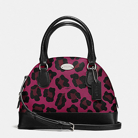 COACH MINI CORA DOMED SATCHEL IN OCELOT PRINT COATED CANVAS - SILVER/CRANBERRY - f36219