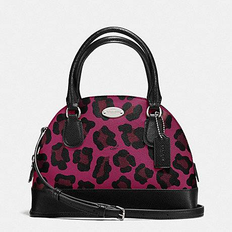 COACH f36219 MINI CORA DOMED SATCHEL IN OCELOT PRINT COATED CANVAS SILVER/CRANBERRY