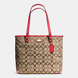 COACH ZIP TOP TOTE IN SIGNATURE - IMITATION GOLD/KHAKI/CLASSIC RED - F36375