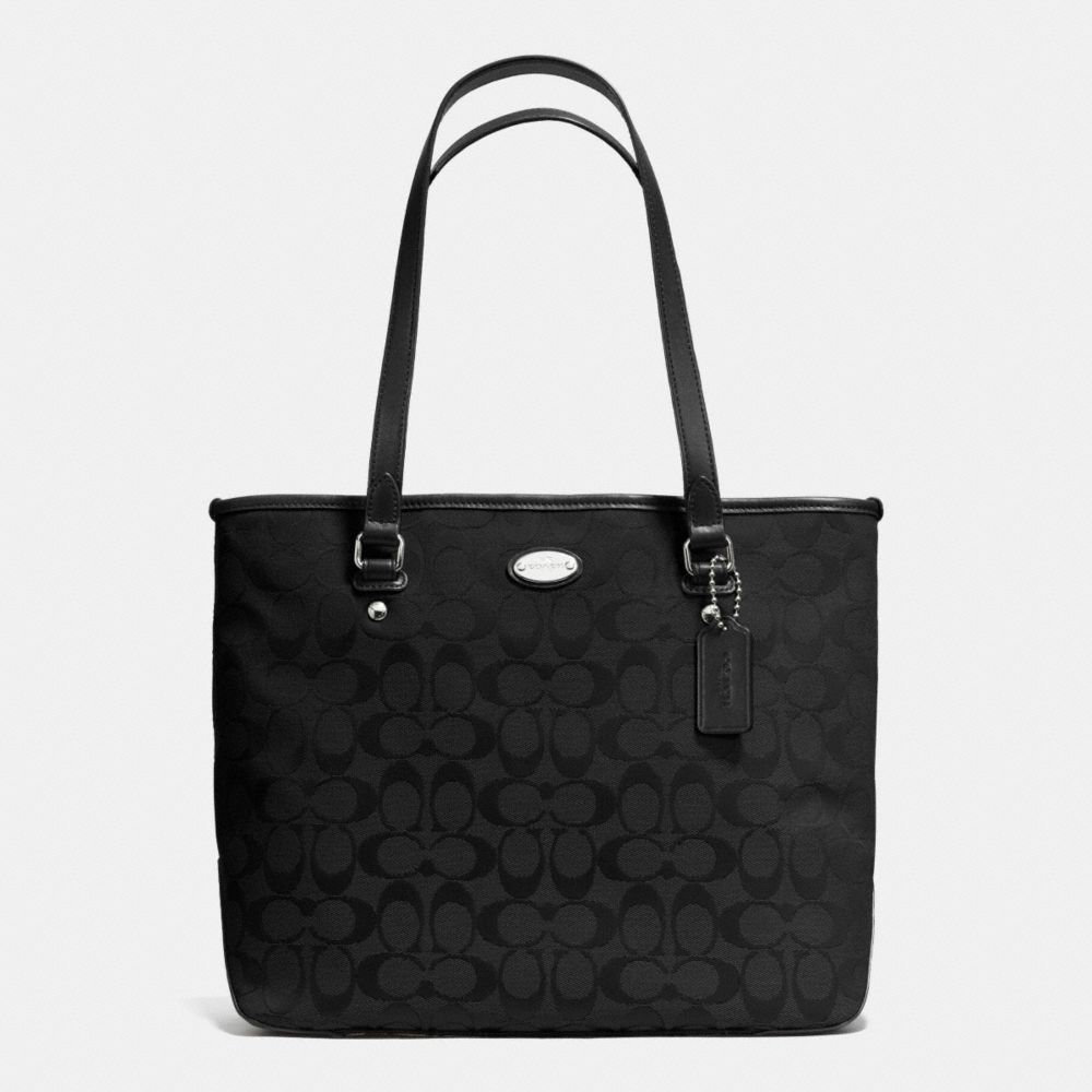 ZIP TOP TOTE IN SIGNATURE - f36375 - SILVER/BLACK/BLACK