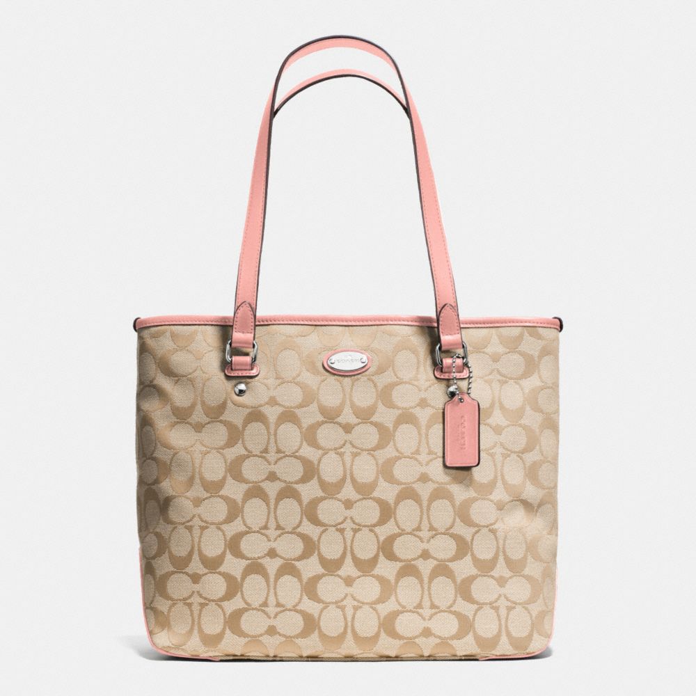 ZIP TOP TOTE IN SIGNATURE - f36375 - SILVER/LIGHT KHAKI/BLUSH