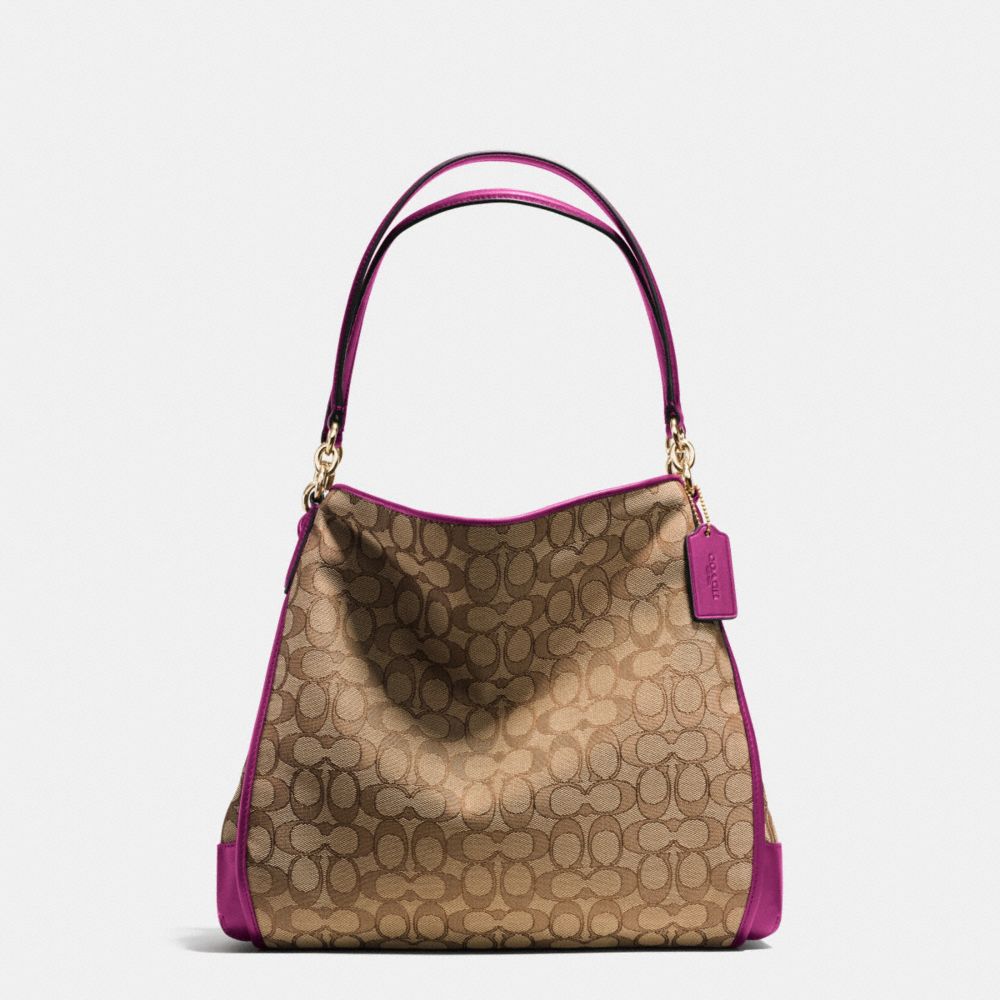 PHOEBE SHOULDER BAG IN OUTLINE SIGNATURE - f36424 - IMITATION GOLD/KHAKI/FUCHSIA