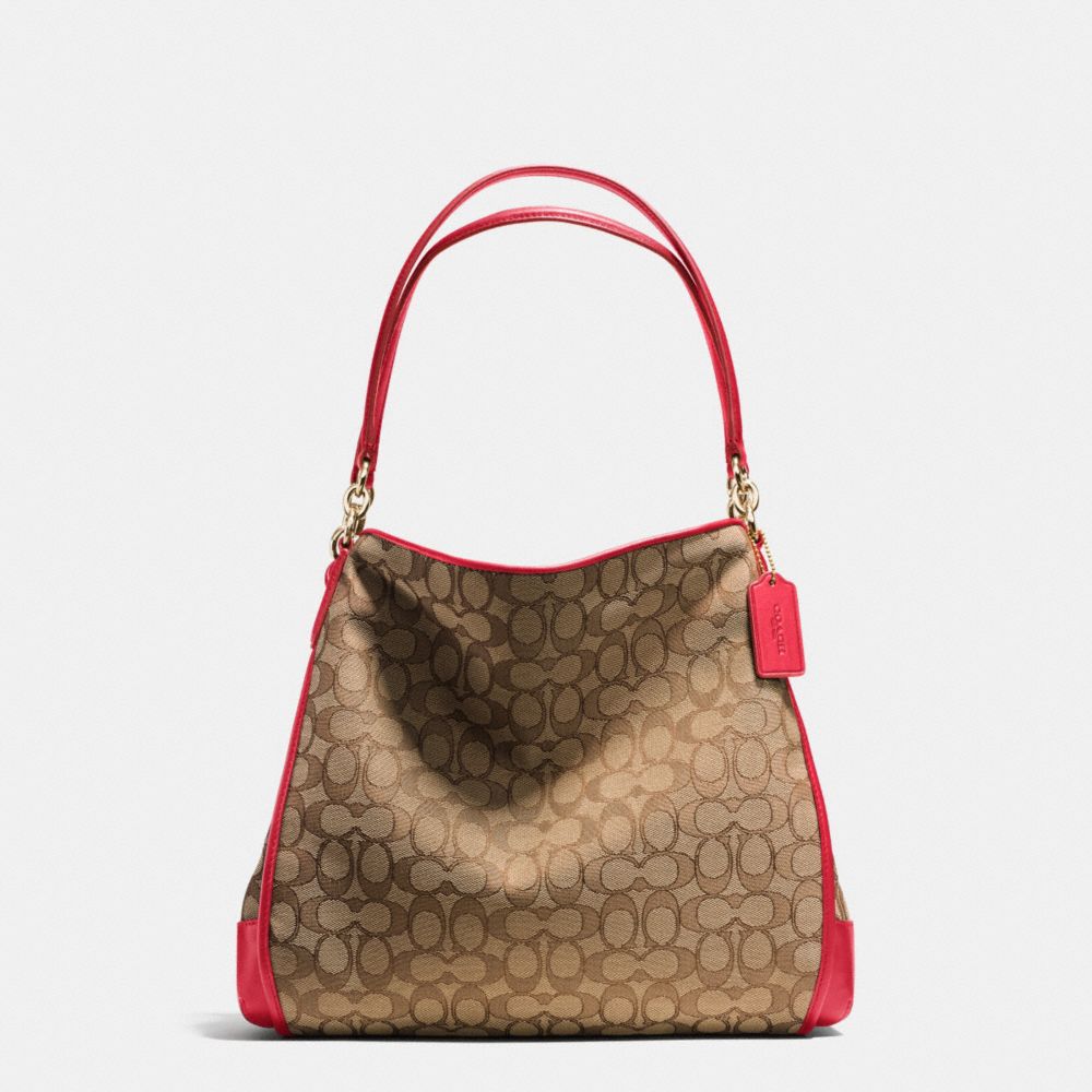 PHOEBE SHOULDER BAG IN OUTLINE SIGNATURE - f36424 - IMITATION GOLD/KHAKI/CLASSIC RED