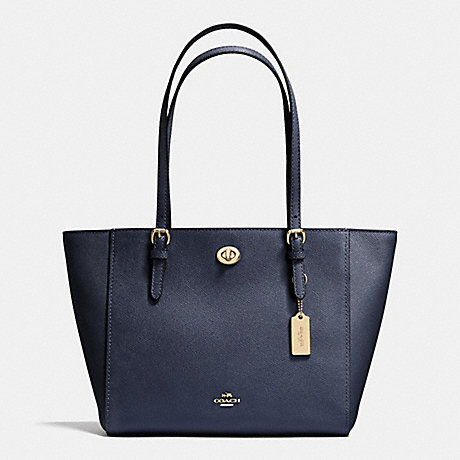 COACH f36455 TURNLOCK SMALL TOTE IN CROSSGRAIN LEATHER LIGHT GOLD/NAVY