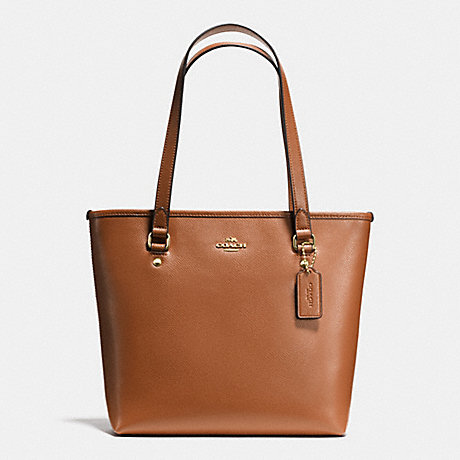 COACH f36632 ZIP TOP TOTE IN CROSSGRAIN LEATHER IMITATION GOLD/SADDLE