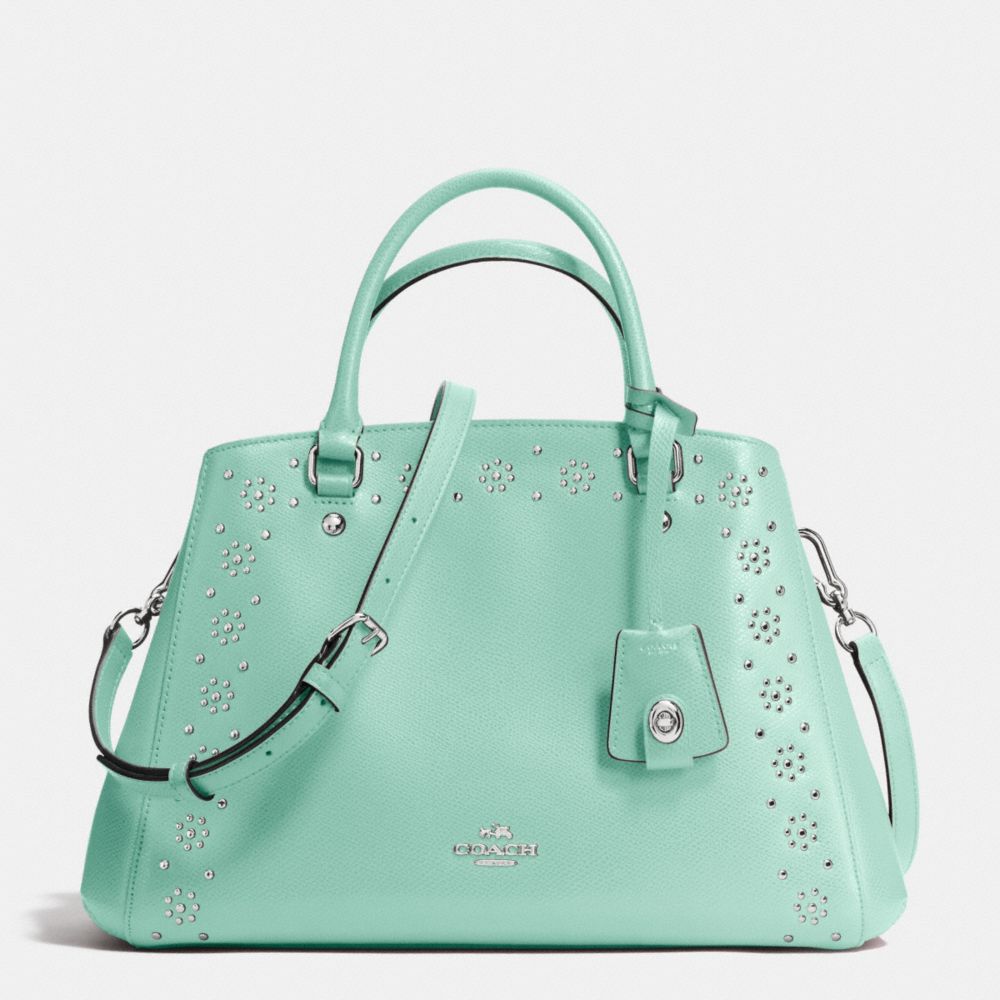 BORDER STUD SMALL MARGOT CARRYALL IN CROSSGRAIN LEATHER - SILVER/SEAGLASS - COACH F36640