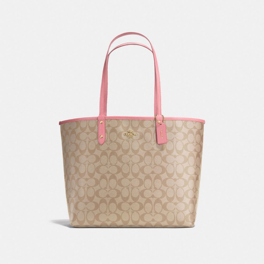 REVERSIBLE CITY TOTE IN SIGNATURE CANVAS - f36658 - light khaki/peony/light gold