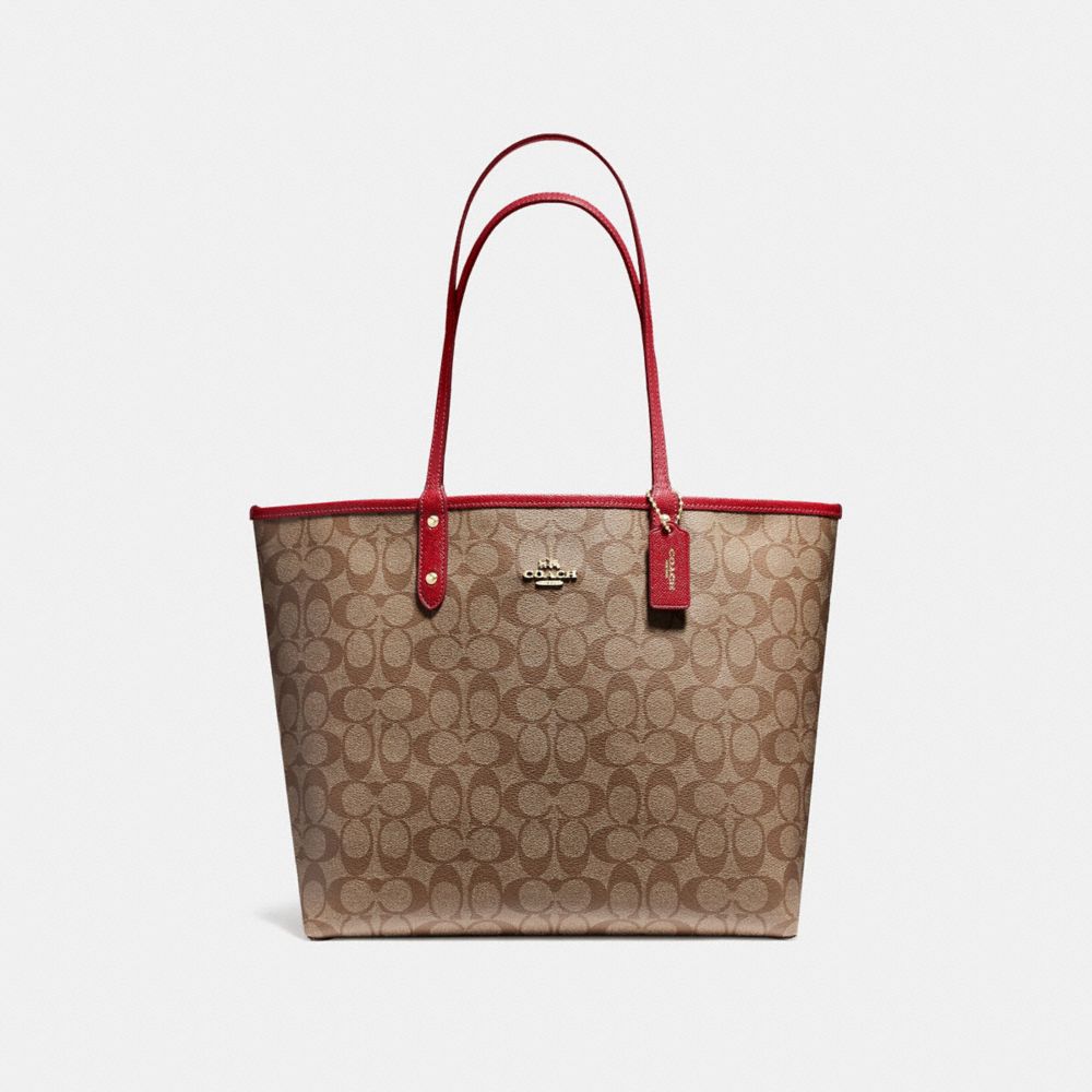 COACH F36658 REVERSIBLE CITY TOTE IN SIGNATURE CANVAS KHAKI/CHERRY/LIGHT-GOLD