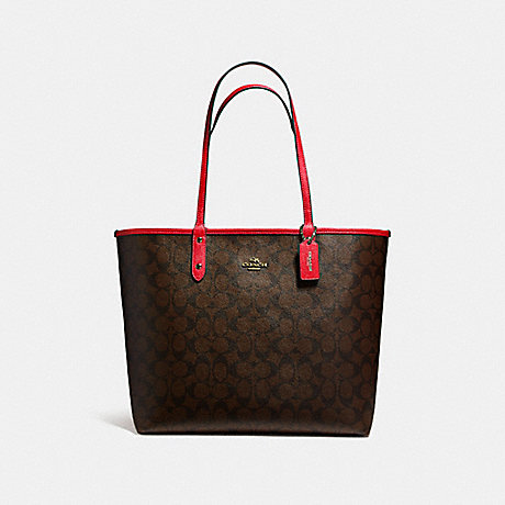COACH REVERSIBLE CITY TOTE IN SIGNATURE CANVAS - BROWN/TRUE RED/LIGHT GOLD - F36658
